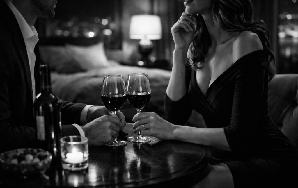 black and white image of attractive man and women sharing a glass of wine in a luxurious ambient hotel room.
