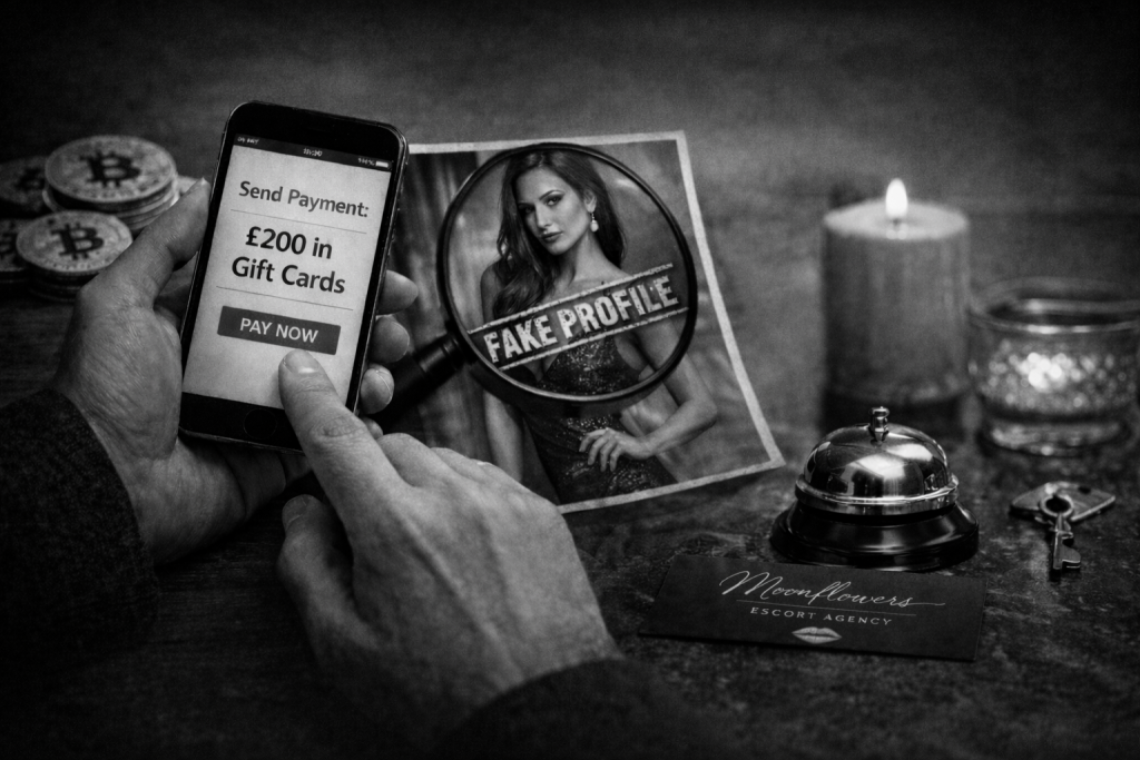 Moonflower Escorts: How to spot a fake profile. black and white image, mans hand with a phone booking an escort.